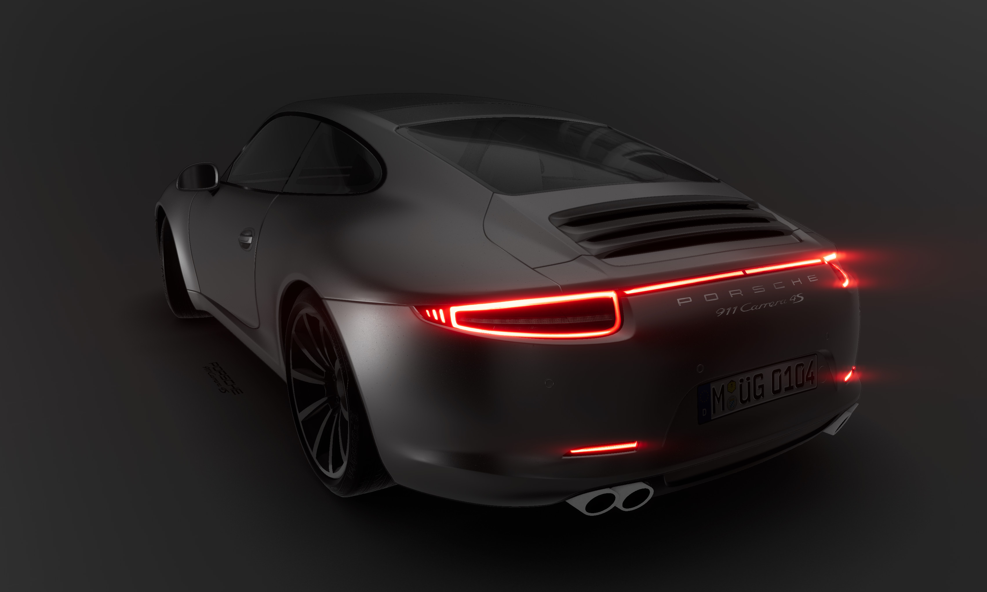 A realistic high-polygon model of a fancy black Porsche 911 demonstrating anamorphic bloom in its stretched-out tail light glow. Rendered in Bevy 0.16!